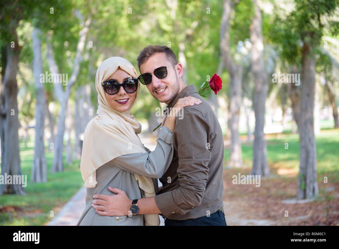 A young Middle Eastern couple in outdoor scenery Stock Photo