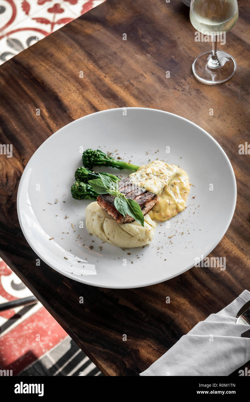 grilled salmon fish fillet with mashed potato and dijon mustard cream sauce Stock Photo Alamy