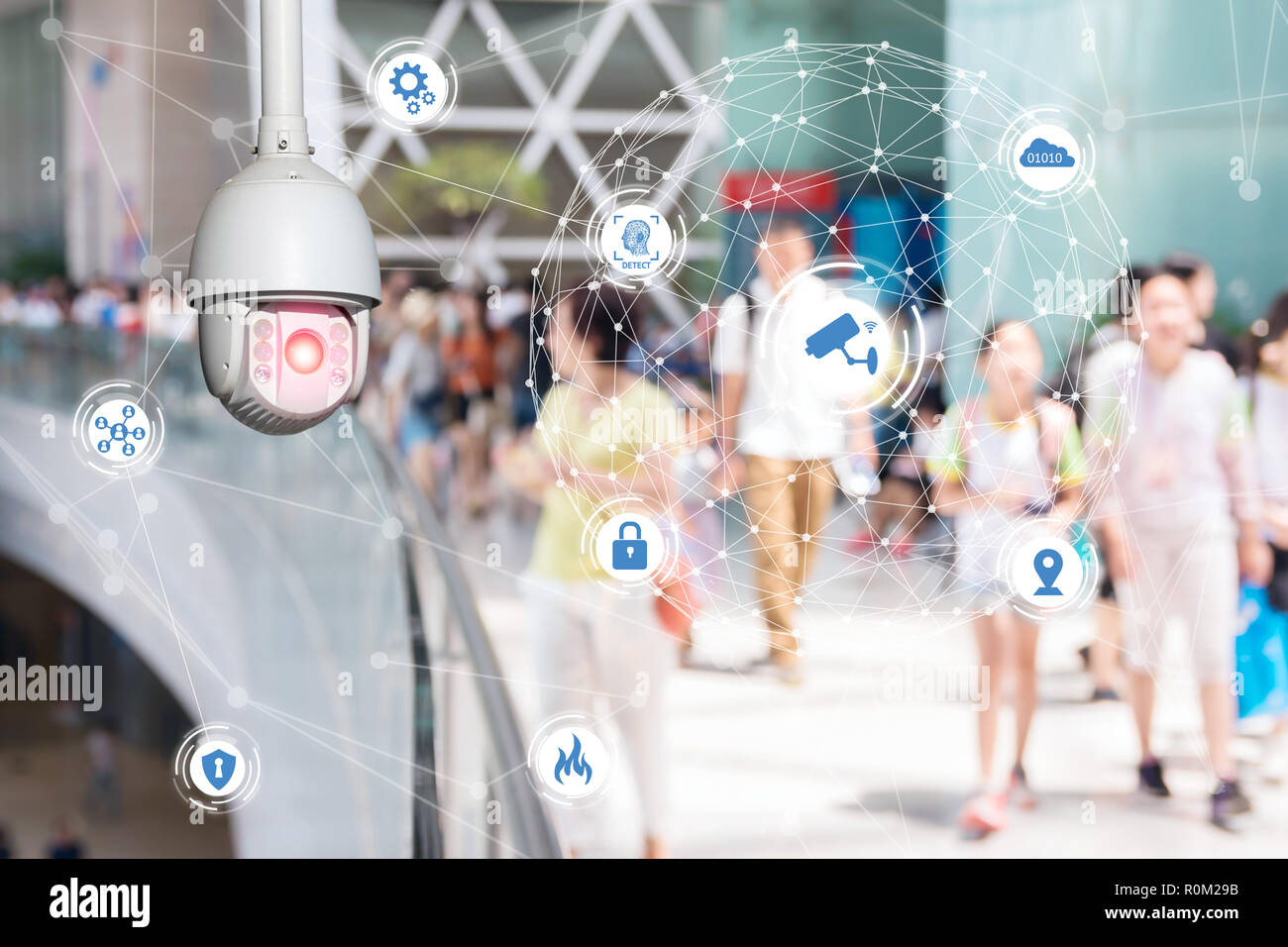 Machine Learning analytics identify person technology , Artificial intelligence ,Big data , iot concept. Cctv , security camera and face recognition p Stock Photo