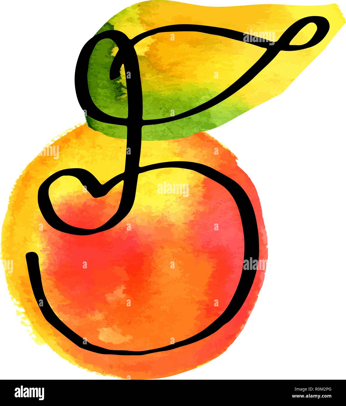 A line drawing of an apple with a watercolor texture, an abstract ...