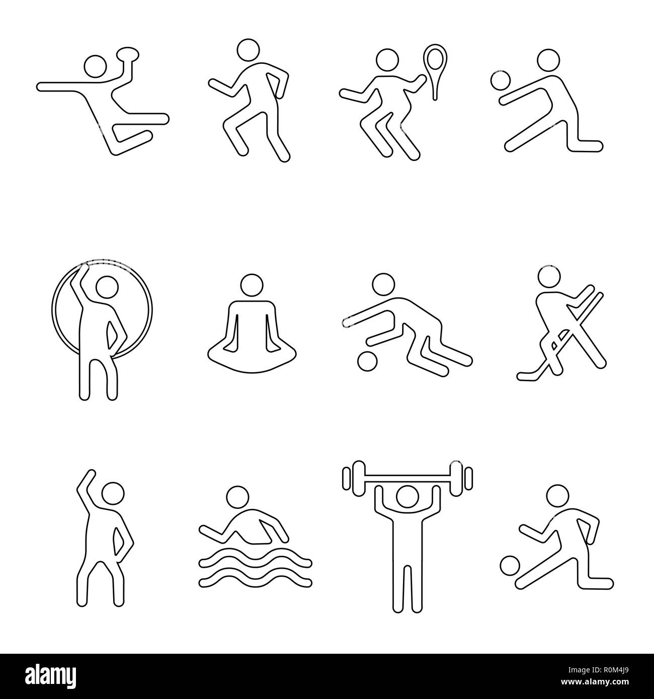 Sport linear icons set, vector silhouette, flat fitness logo, stencil emblem, line shape athlete person. Outline black badges team and singles various Stock Vector