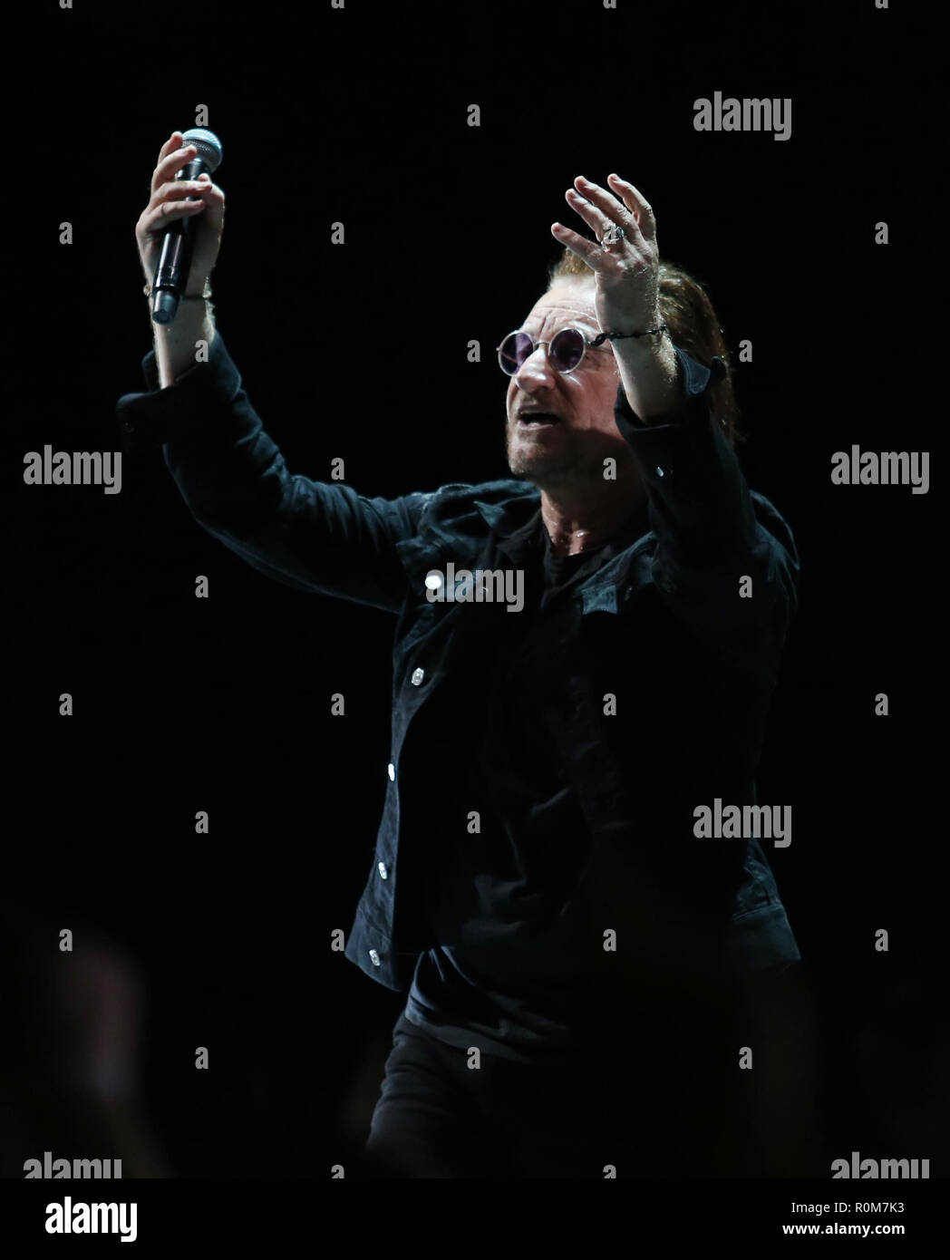 Dublin, Ireland. 5th Nov 2018.. U2 Back in Dublin. Bono and U2 in the 3 Arena in Dublin for the first of four  performance of their eXPERIENCE + iNNOCENCE shows. Photo: Leon Farrell/RollingNews.ie Credit: RollingNews.ie/Alamy Live News Stock Photo