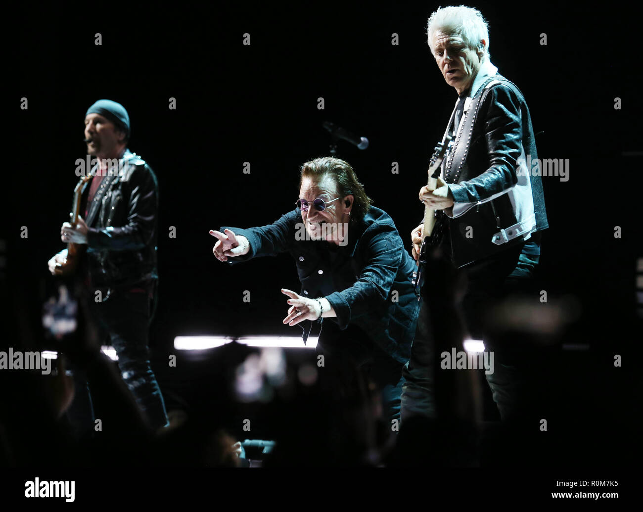 Dublin, Ireland. 5th Nov 2018.. U2 Back in Dublin. Bono and U2 in the 3 Arena in Dublin for the first of four  performance of their eXPERIENCE + iNNOCENCE shows. Photo: Leon Farrell/RollingNews.ie Credit: RollingNews.ie/Alamy Live News Stock Photo