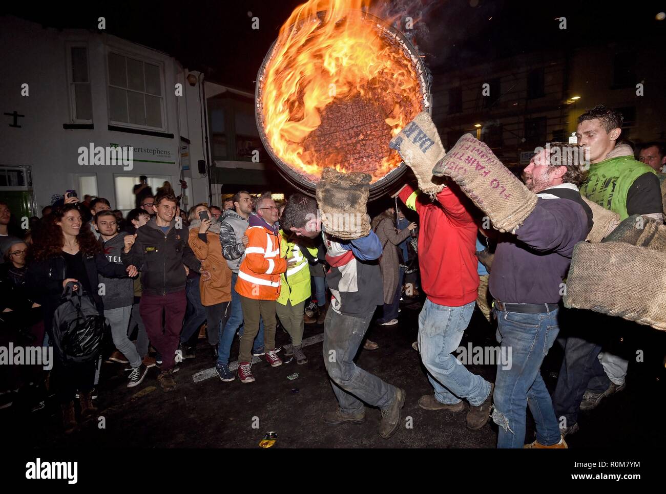 Burning tar barrels event on Bonfire Night, Tar Barrel Burning, People  carry the traditional burning tar
