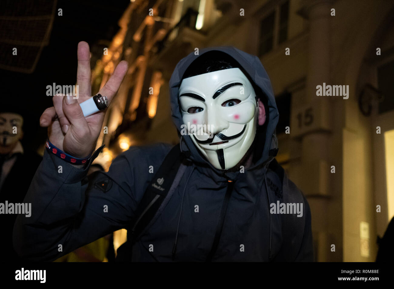 London, UK. 5th Nov 2018. Million Mask March rally in central London on the  5th November