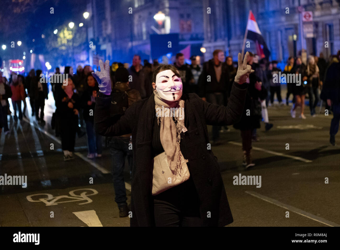 London, UK. 5th Nov 2018. Million Mask March rally in central London on the 5th November 2018 with Anonymus supporters wearing the iconic Guy Fawkes mask. Credit: Giovanni Strondl/Alamy Live News Stock Photo
