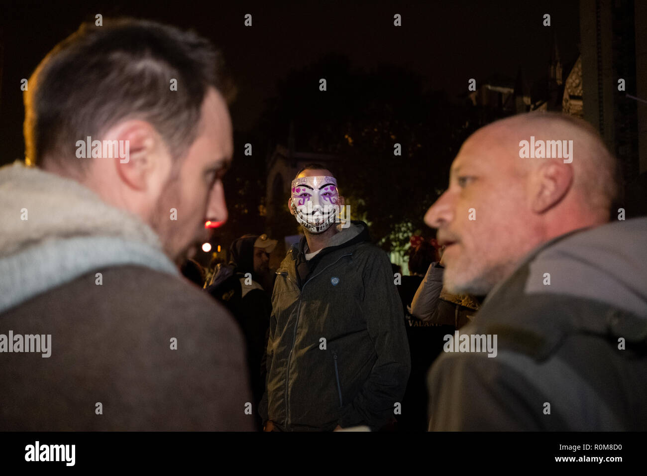 London, UK. 5th Nov 2018. Million Mask March rally in central London on the 5th November 2018 with Anonymus supporters wearing the iconic Guy Fawkes mask. Credit: Giovanni Strondl/Alamy Live News Stock Photo