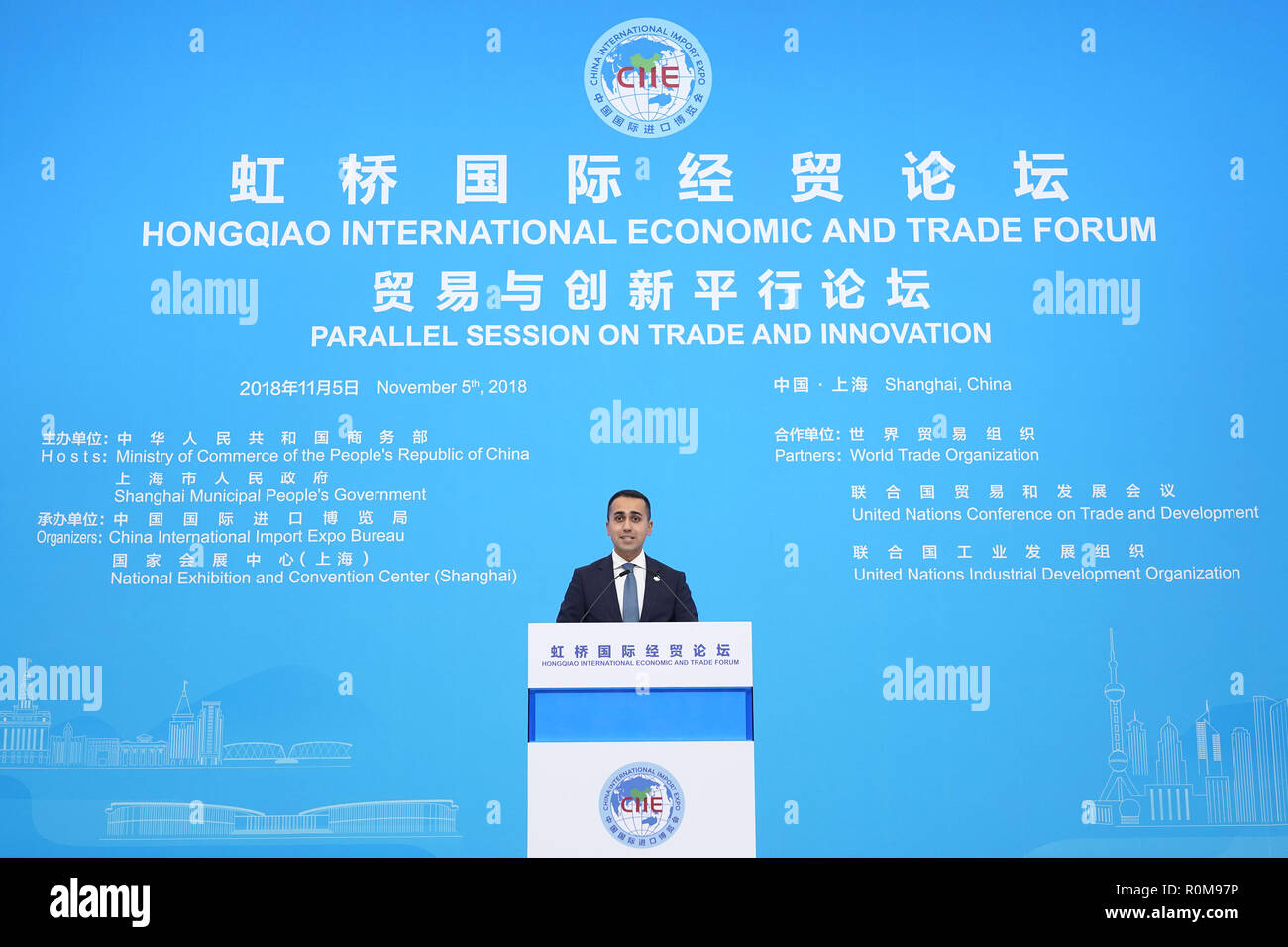 Shanghai, China. 5th Nov, 2018. Luigi Di Maio, deputy prime minister of Italy, speaks at the Parallel Session on Trade and Innovation of the Hongqiao International Economic and Trade Forum in Shanghai, east China, Nov. 5, 2018. Credit: Shen Bohan/Xinhua/Alamy Live News Stock Photo