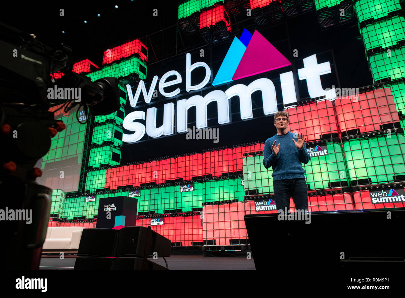 Founder and CEO of Web Summit Paddy Cosgrave is seen addressing to the audience at Altice Arena Centre Stage, in Lisbon, during the opening ceremony of the Web Summit 2018.  The 10th edition of the Web Summit has begun in Lisbon. This is one of the largest technology conferences in the world and also a meeting point for the debate on technological evolution in people's lives. This year, around 70.000 participants are expected to attend the Web Summit. Stock Photo