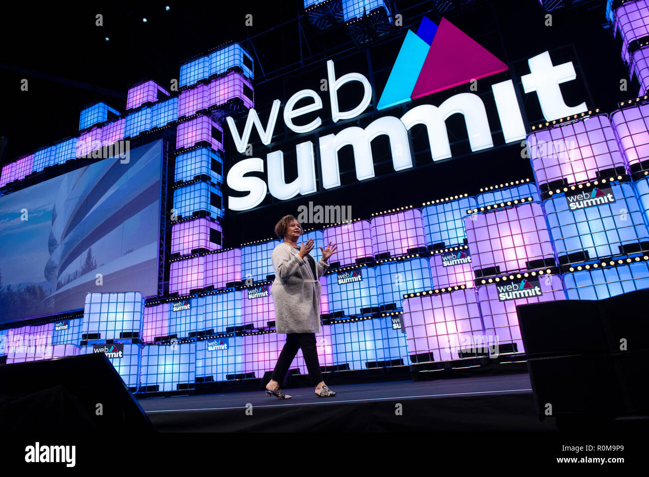 Apple’s Vice President of Environment, Policy and Social Initiatives Lisa Jackson is seen addressing to the audience at Altice Arena Centre Stage during the opening ceremony of the Web Summit 2018.  The 10th edition of the Web Summit has begun in Lisbon. This is one of the largest technology conferences in the world and also a meeting point for the debate on technological evolution in people's lives. This year, around 70.000 participants are expected to attend the Web Summit. Stock Photo