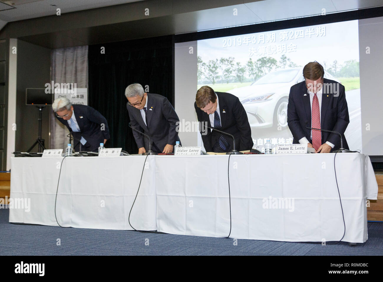 Tokyo, Japan. 6th Nov 2018. (L to R) Toyota Motor Corp' s Senior Managing Officer Masayoshi Shirayanagi, Executive Vice President Koji Kobayashi, Executive Vice President Didier Leroy and Senior Managing Officer James E. Lentz, speak during a news conference to announce the company's second quarter financial results on November 6, 2018, in Tokyo, Japan. Toyota Motor Corp. reported 585.1 billion Yen in July-September profits compared with 458.3 billion Yen in the same period of the previous year.Credit: Rodrigo Reyes Marin/AFLO/Alamy Live News Stock Photo