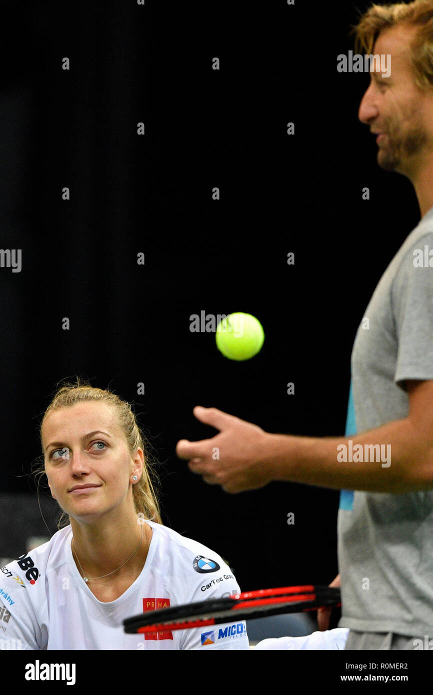 Czech tennis player Petra Kvitova (left) and her coach Jiri Vanek are seen  during a training session prior to the final match of the Fed Cup between  Czech Republic and USA, at