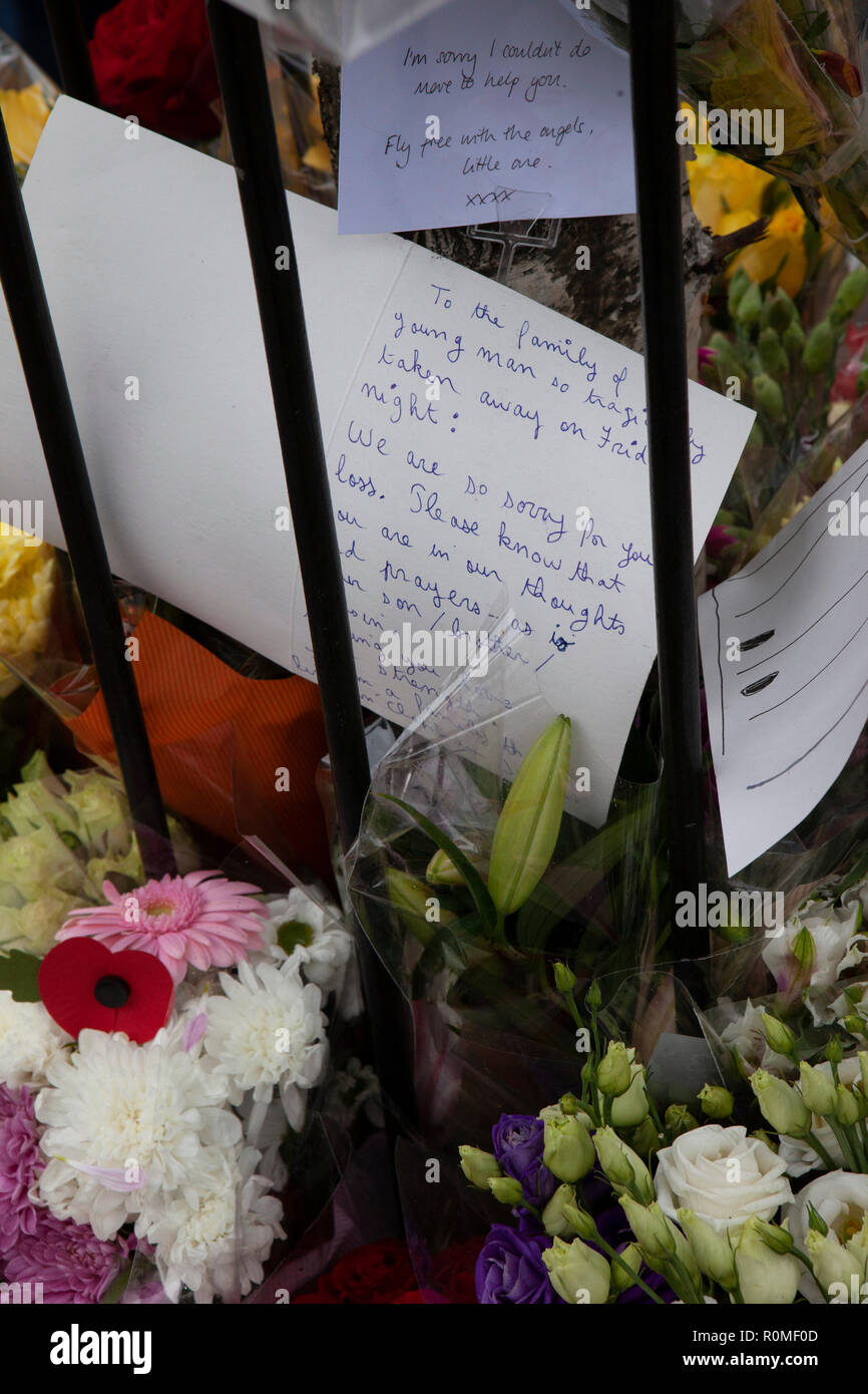 London, UK. 6th Nov 2018. Flowers, cards and candles near Clapham South tube station in Lambeth, to remember 17-year-old Malcolm Mide-Madariola, who was the victim of a fatal stabbing on 2 November, part of a recent rise in knife crime in London. Credit: Anna Watson/Alamy Live News Stock Photo