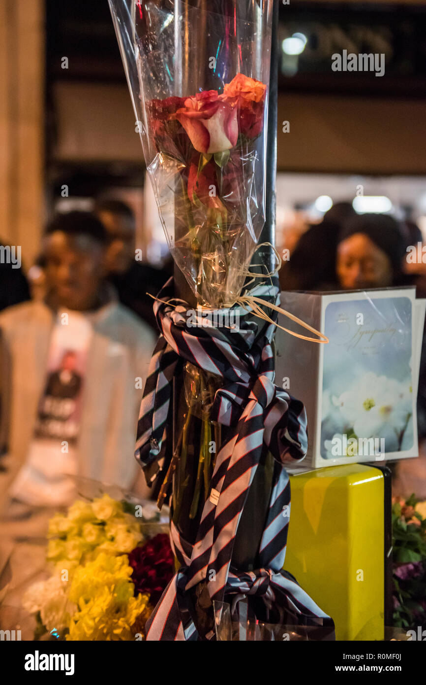 Clapham South, London, UK. 5th Nov 2018. A vigil is held for Malcolm Mide-Madariola, 17, from Peckham, the victim of Friday's stabbning at Clapham South Tube Station. Credit: Guy Bell/Alamy Live News Stock Photo