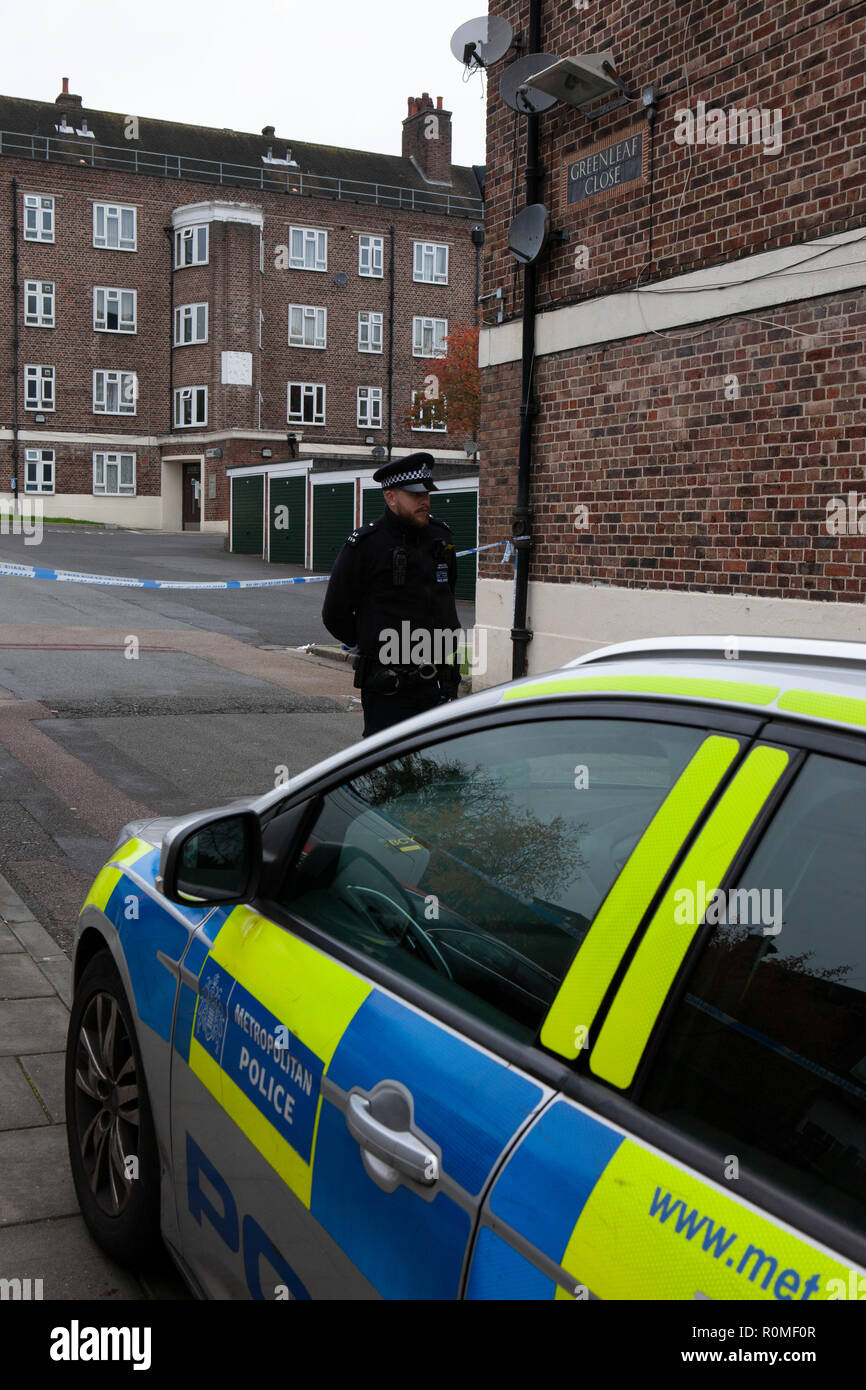 London, UK. 6th Nov 2018. Police at the entrance to a crime-scene at Greenleaf Close on the Tulse Hill housing estate in Lambeth, where an as-yet-un-named 16-year-old boy was stabbed on the evening of 5 November, part of a recent rise in knife crime in London. Credit: Anna Watson/Alamy Live News Stock Photo