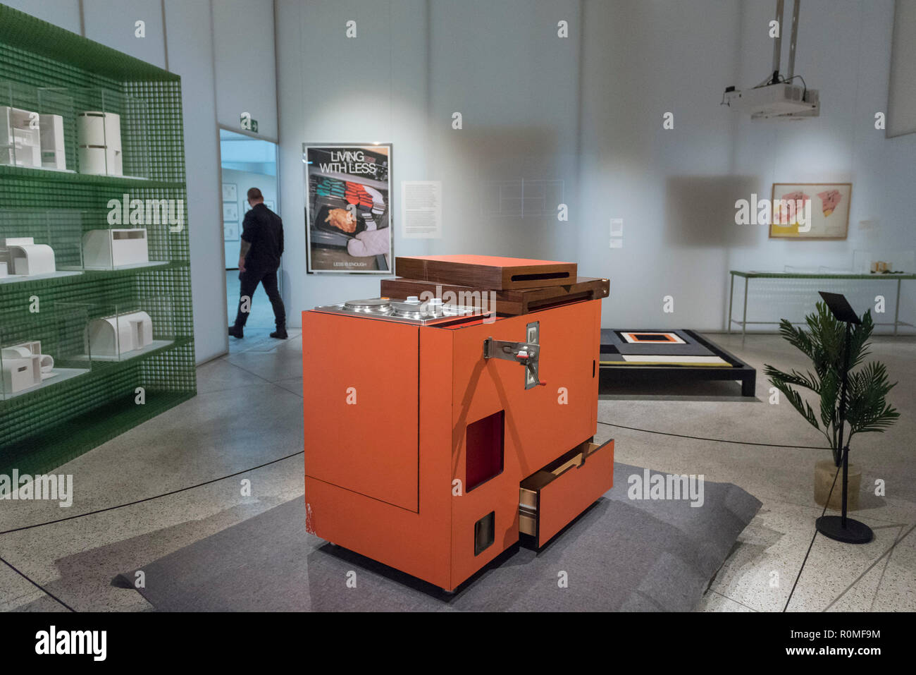 London, UK.  6 November 2018. 'Mini Kitchen', 1963, by Joe Colombo. Preview of 'Home Futures', at the Design Museum.  The exhibition, in partnership with IKEA Museum Almhult, asks are we living in the way that pioneering architects and designers once predicted, or has our idea of home proved resistant to real change.  More than 150 objects and experiences are on display 7 November to 24 March 2019.  Credit: Stephen Chung / Alamy Live News Stock Photo
