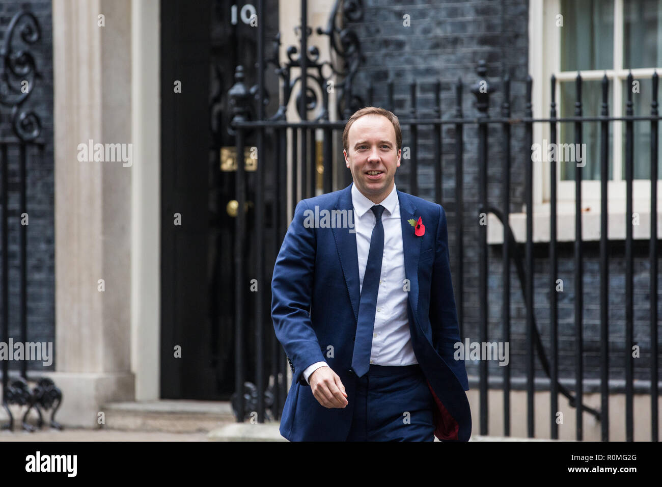 London, UK. 6th November, 2018. Matt Hancock MP, Secretary of State for Health and Social Care, leaves 10 Downing Street following a Cabinet meeting during which the Prime Minister was expected to update ministers on the current status of Brexit negotiations with a view to working towards a special Brexit summit in the final week of November. Credit: Mark Kerrison/Alamy Live News Stock Photo