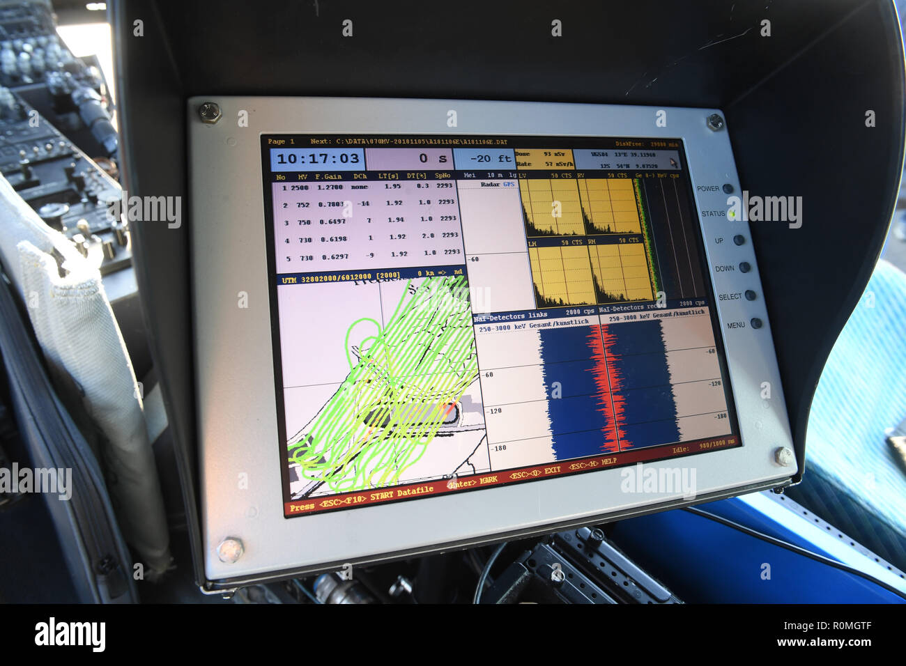 06 November 2018, Mecklenburg-Western Pomerania, Lubmin: View of the  monitor of the measuring computer on which the data is collected. The  Federal Office for Radiation Protection (BfS) uses helicopters to measure  the