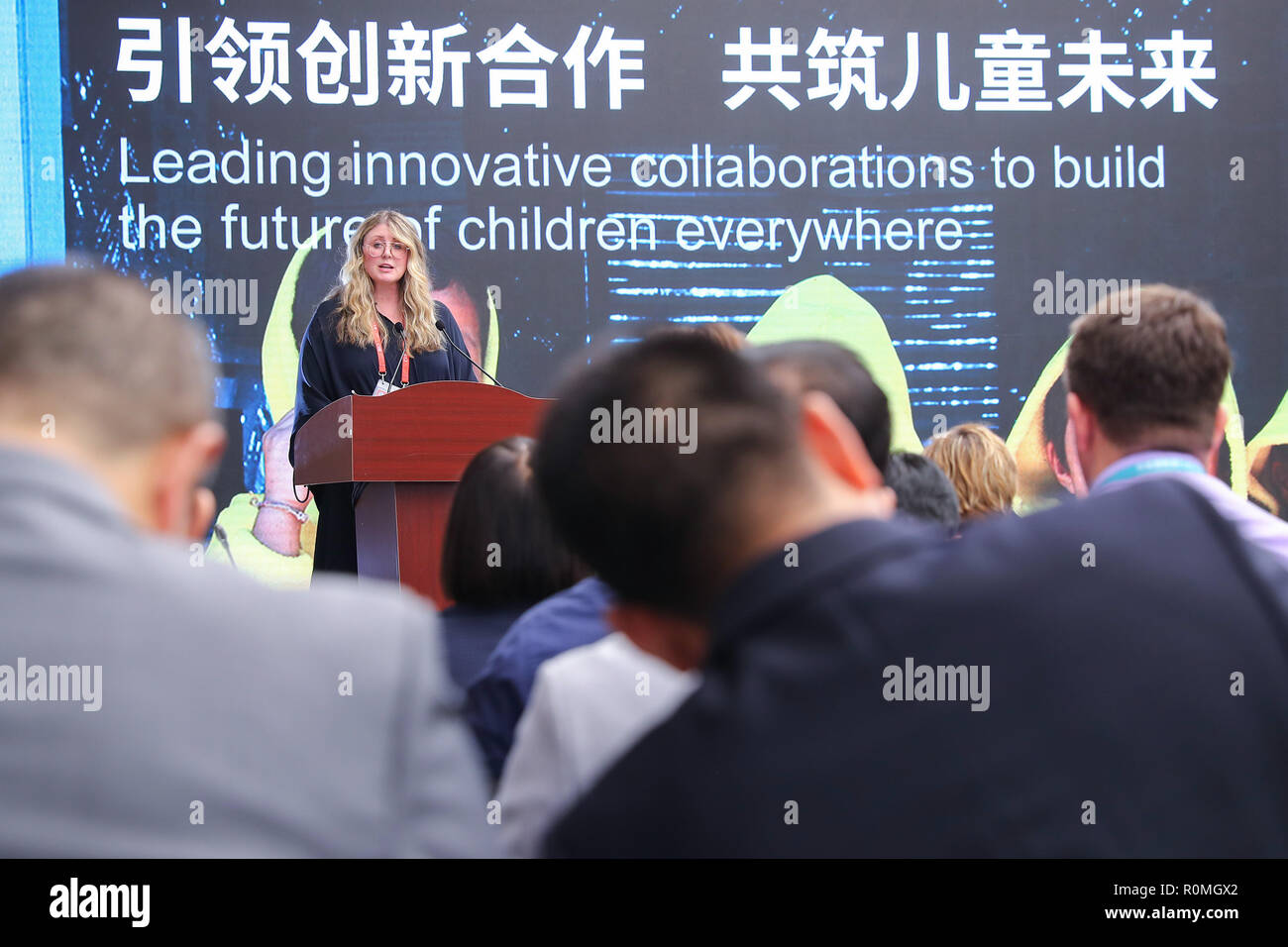 (181106) -- SHANGHAI, Nov. 6, 2018 (Xinhua) -- Shanelle Hall, deputy executive director of the United Nations Children's Fund (UNICEF), delivers a speech at a forum with the theme of 'Leading innovative collaborations to build the future of children everywhere' during the first China International Import Expo (CIIE) in Shanghai, east China, Nov. 6, 2018. (Xinhua/Zhang Yuwei) Stock Photo