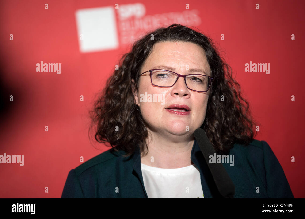 Berlin, Germany. 06th Nov, 2018. Andrea Nahles, chairwoman of the SPD, spoke on current topics before the parliamentary group meeting of the SPD parliamentary group in the German Bundestag. Credit: Bernd von Jutrczenka/dpa/Alamy Live News Stock Photo