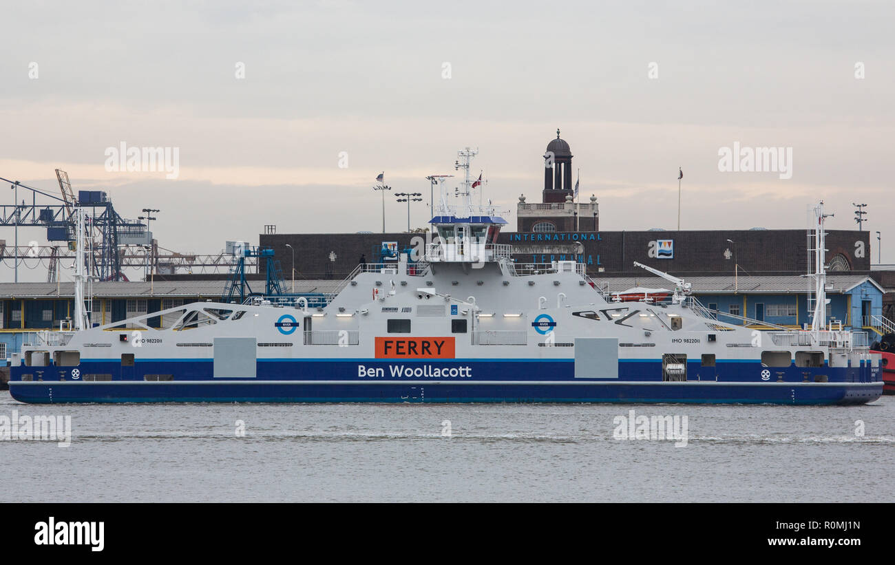 Gravesend, Kent, United Kingdom. 6th November, 2018. A new purpose-built vessel arrived on the Thames this morning to take over the historic Woolwich Ferry service early next year. The brand new Ben Woollacott is named after a former deckhand who died after falling into the Thames from one of the previous generation of ferries which recently retired from service. The second new ferry is called Dame Vera Lynn and arrived soon after. Both vessels will under go trials near Tilbury before going to Woolwich.  Rob Powell/Alamy Live News Stock Photo