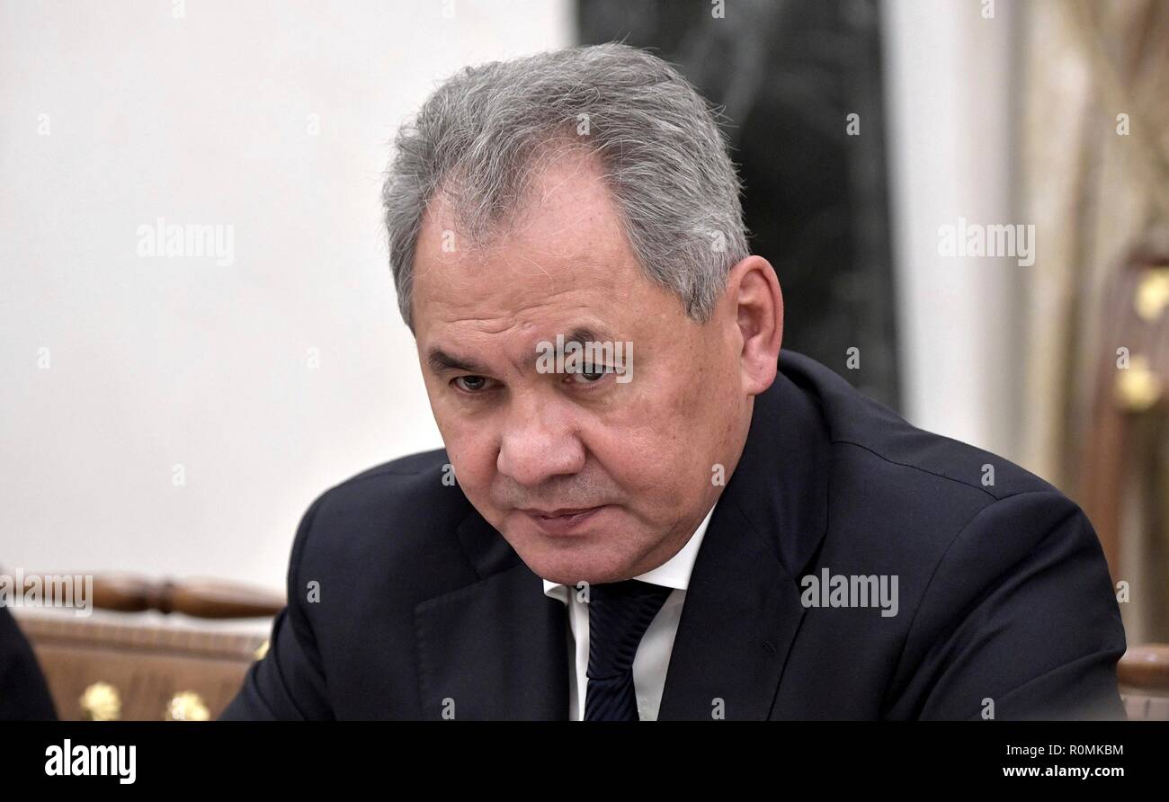Moscow, Russia. 6th November, 2018. Russian Defence Minister Sergei Shoigu prior to a meeting with permanent members of the Security Council chaired by President Vladimir Putin at the Kremlin November 6, 2018 in Moscow, Russia. Credit: Planetpix/Alamy Live News Stock Photo