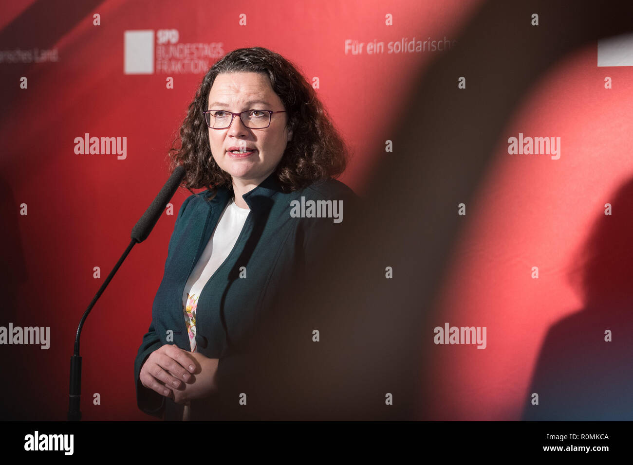 Berlin, Berlin, Germany. 6th Nov, 2018. The leader of the Social Democratic Party (SPD) Andrea Nahles gives a statement before the SPD fraction meeting. Credit: Markus Heine/SOPA Images/ZUMA Wire/Alamy Live News Stock Photo