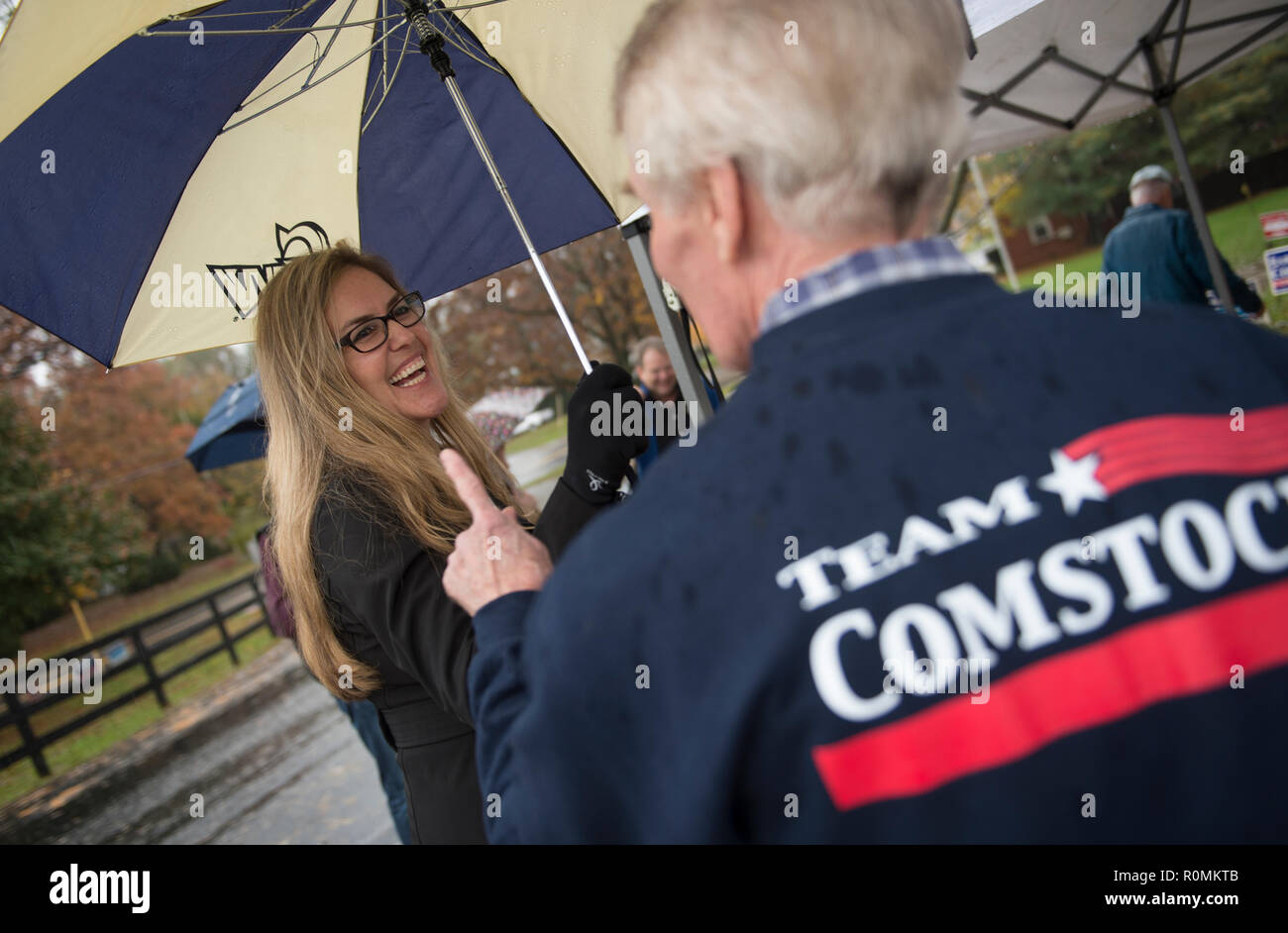 Leesburg, Virginia, USA. 06th November, 2018. Virginia Democratic congressional candidate Jennifer Wexton, a former prosecutor and current Democratic state senator, talks with a Comstock poll worker about voter turnout at the Clarke County School Offices, Tuesday, Nov. 6, 2018 in Berryville, Va.  Wexton is running against two-term Rep. Barbara Comstock, R-Va. (Photo by Douglas Graham/Loudoun Now) Credit: William Graham/Alamy Live News Stock Photo