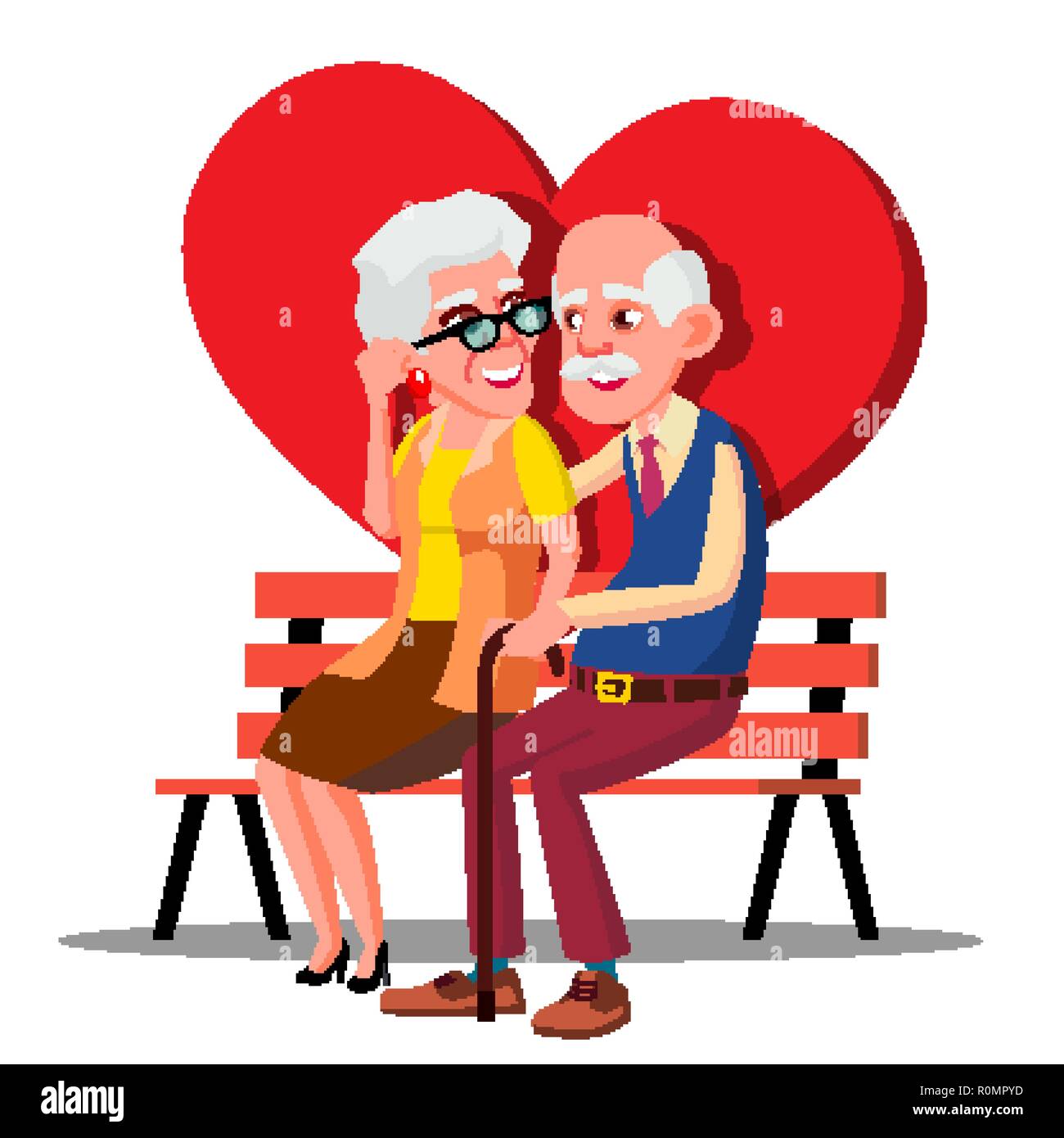 Elderly Couple Hugging On The Bench With Big Red Heart Vector. Illustration  Stock Vector Image & Art - Alamy