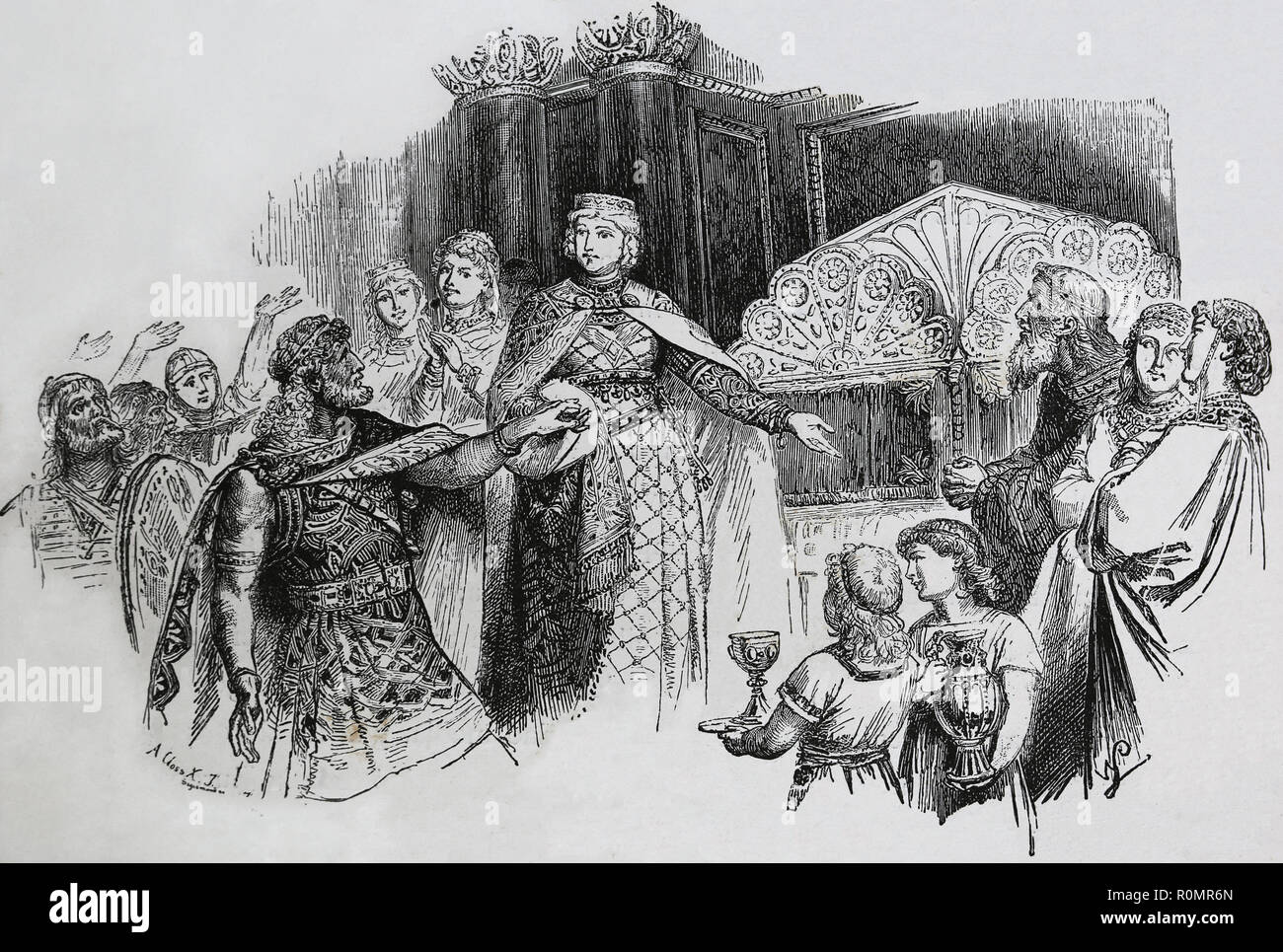 Theodelinda (c. 570-628 AD) choosing Agiluf (c.555-616) as husband, duke of Turin. Engraving, 1882. Stock Photo