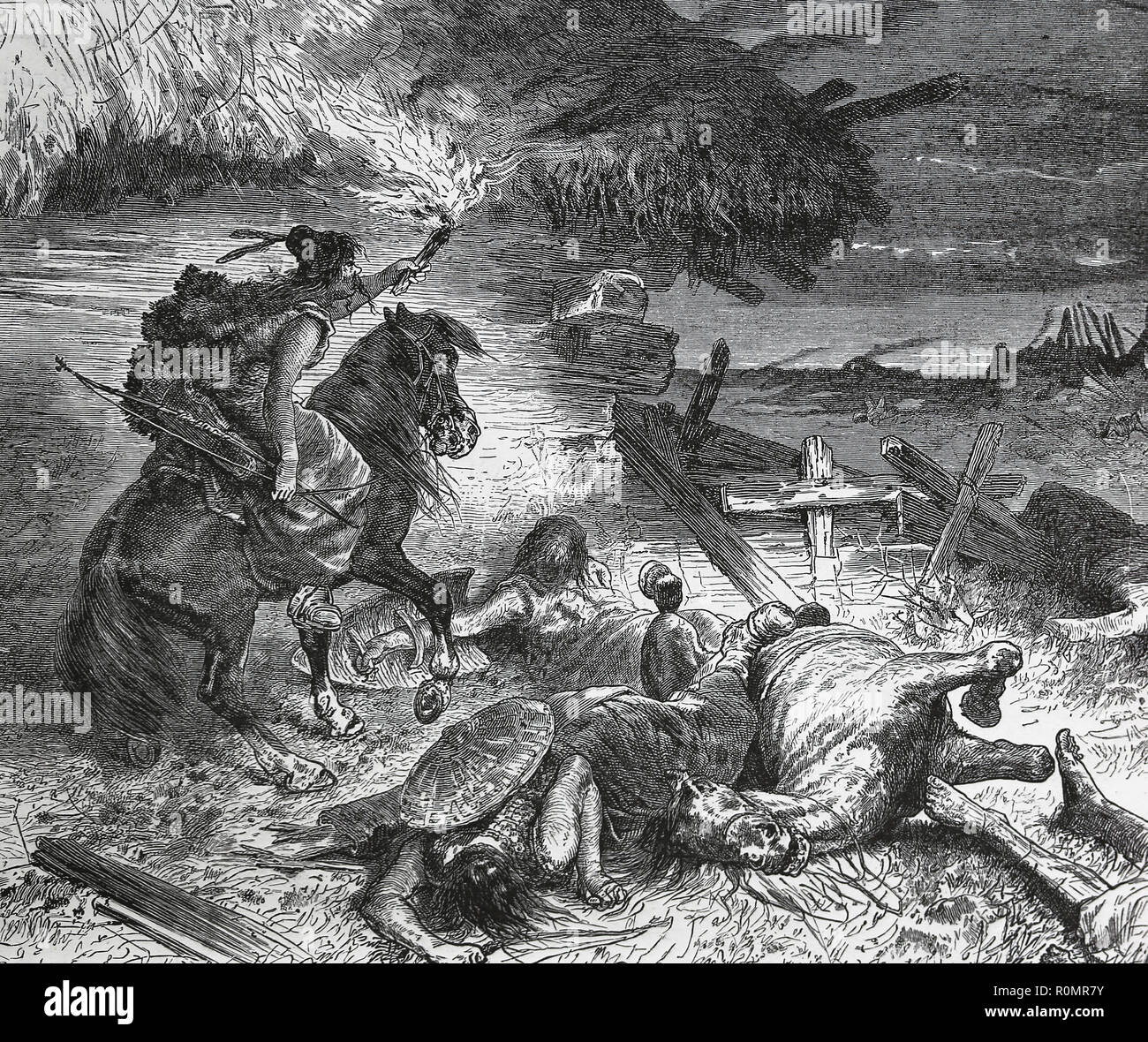Hungarian invasion of Europe. 9th-10th century. Engraving of Germani, 1882. Stock Photo