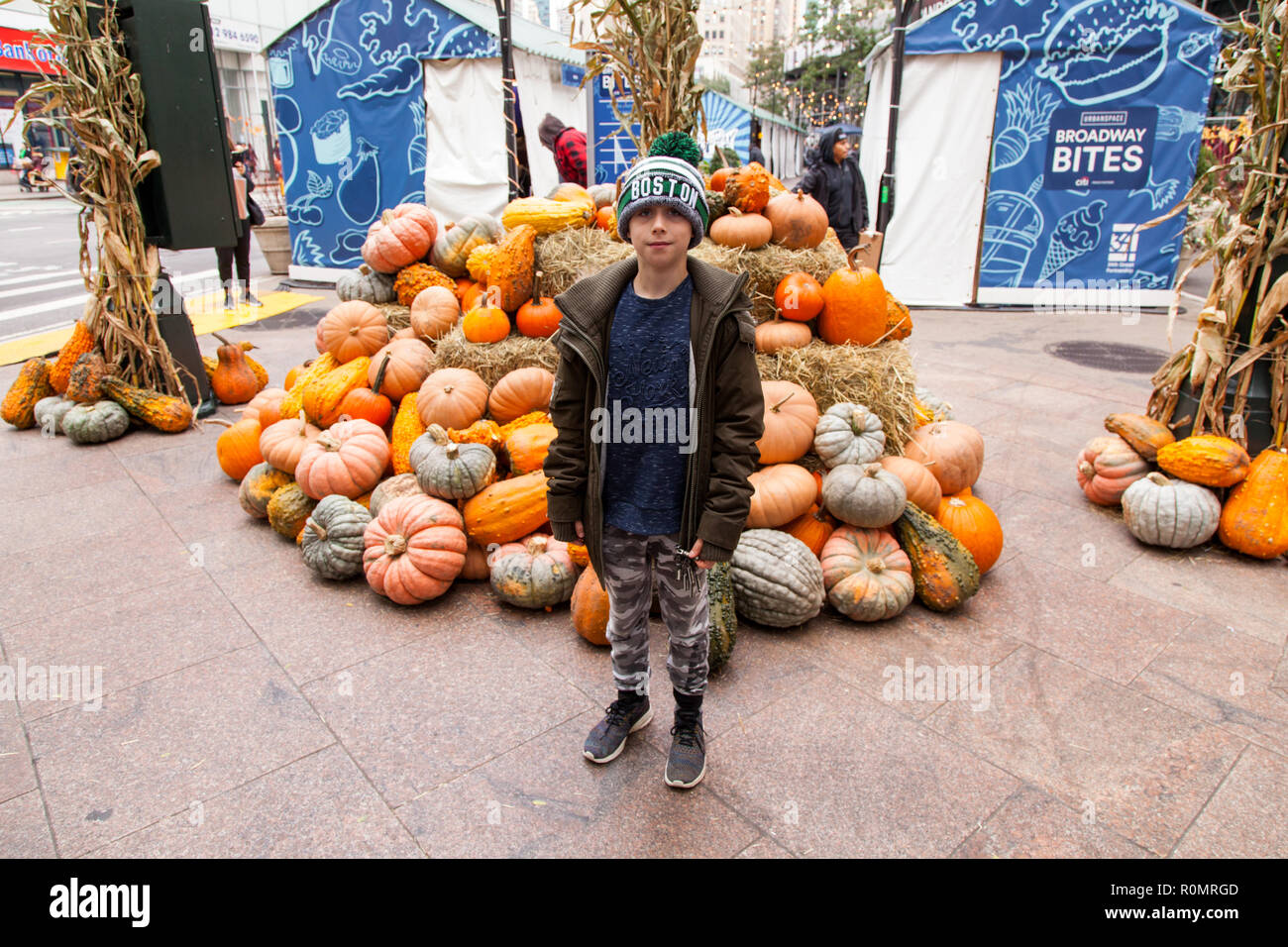 Pumpkin display at Broadway Bites a pop-up in summer and fall, Greeley Square, showcasing a diverse mix of cuisines from local chefs, New York, U.S.A Stock Photo