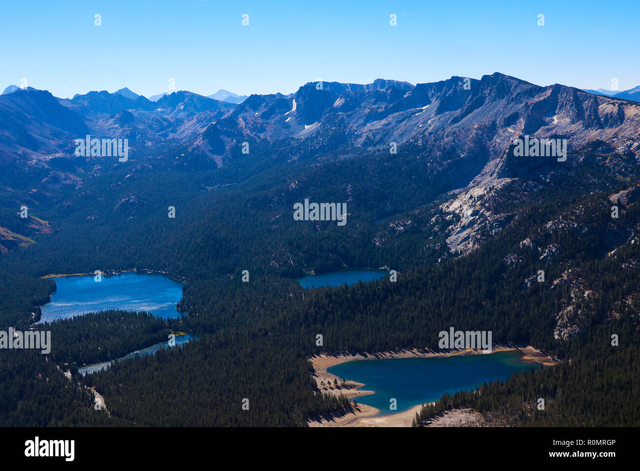 View of the three lakes in the mountains on a sunny day. Stock Photo
