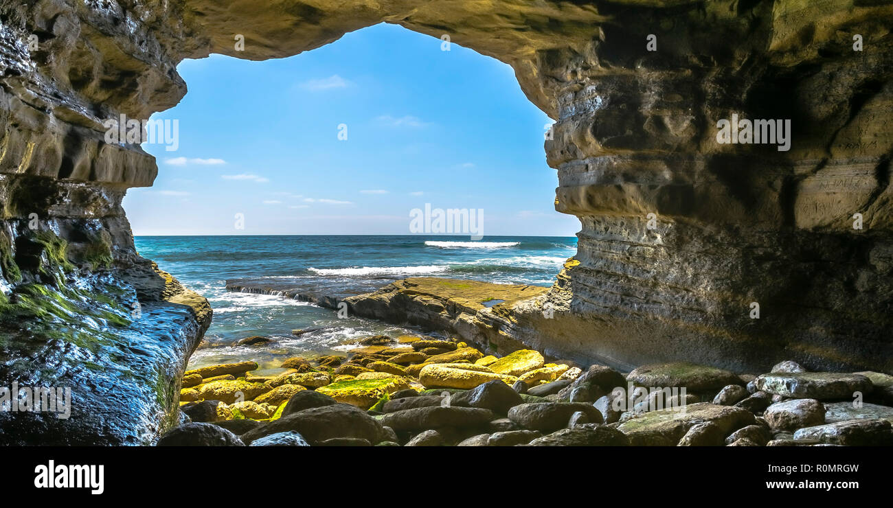 Sea cave in La Jolla overlooking Pacific Ocean Stock Photo