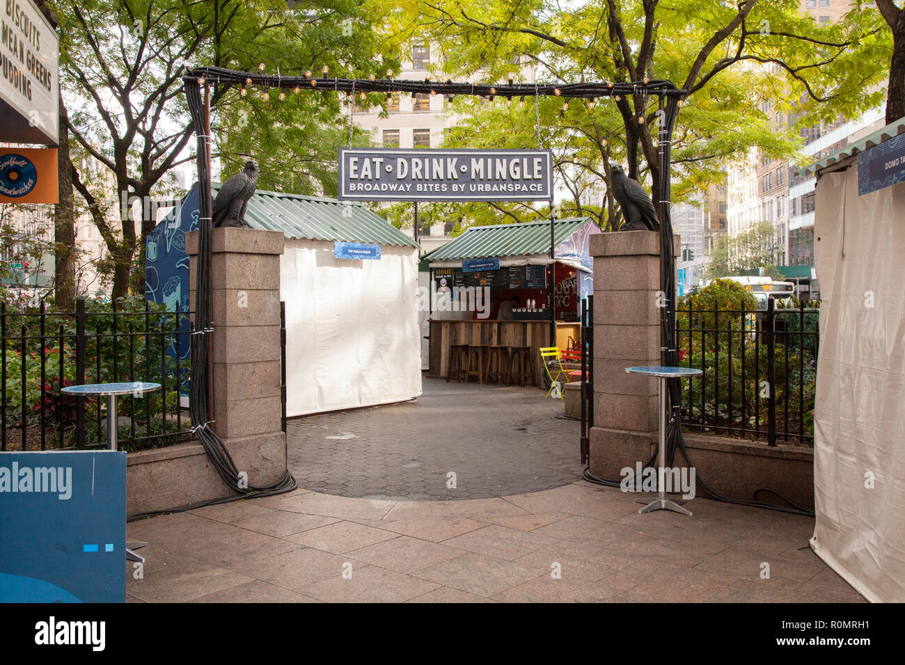 Broadway Bites pops-up in summer and fall at Greeley Square, showcasing a diverse mix of cuisines from local chefs Stock Photo