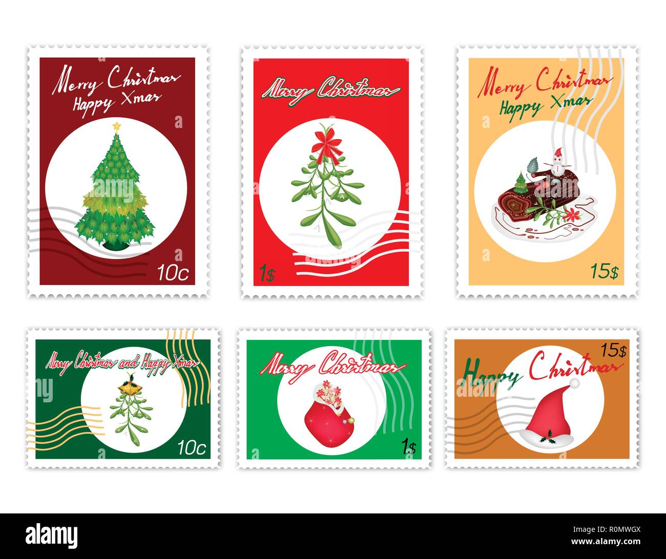 Merry Xmas, Post Stamps Set of Hand Drawn Sketch of Christmas Tree, Mistletoe, Yule Log Cake, Santa Bag and Hat. Sign for Christmas Celebration. Stock Vector
