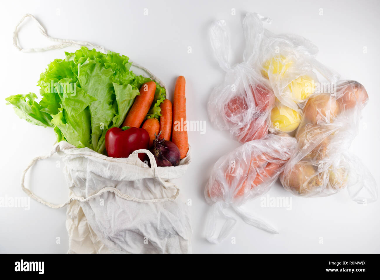 Zero waste concept. Vegetables in a woven bag. Woven bag vs plastic
