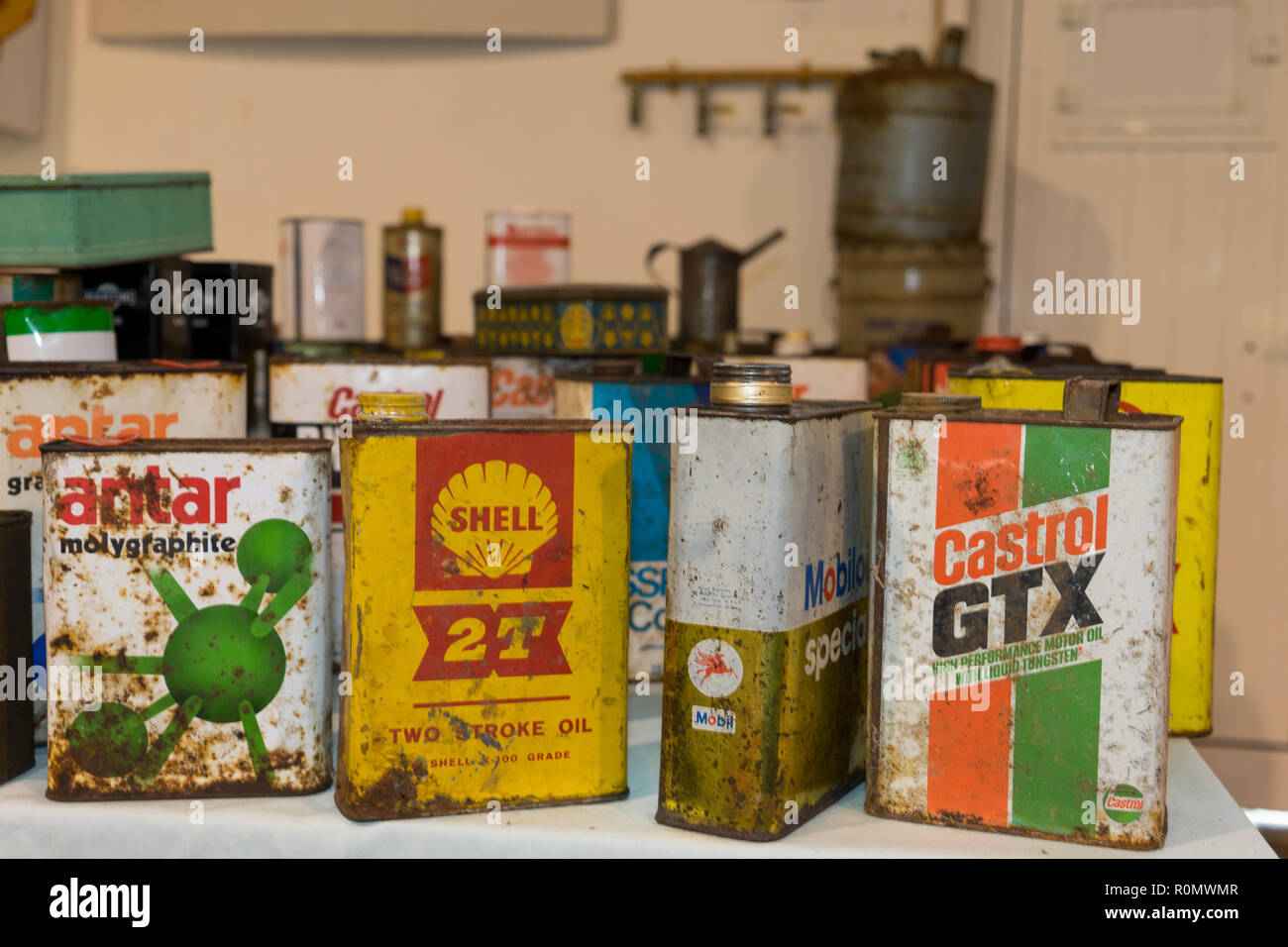 Oil cans, autojumble, Classic Auto, Caldas da Rainha, Portugal Stock Photo