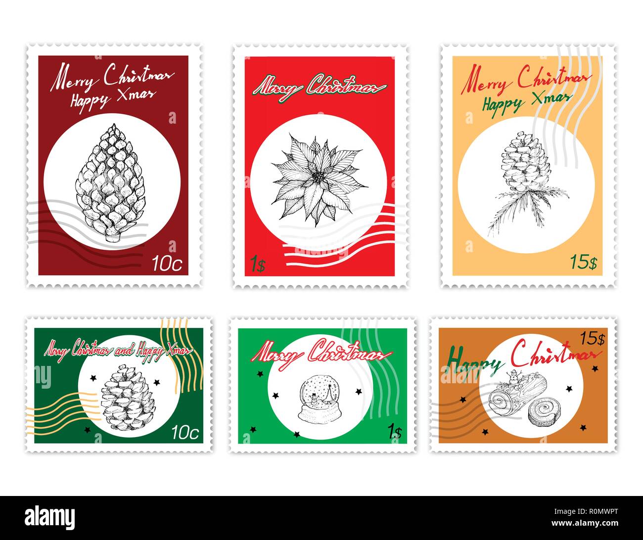 Merry Xmas, Post Stamps Set of Illustration Hand Drawn Sketch of Various Style of Snow Globe, Yule Log Cakes, Poinsettia Plant and Pine Corn. Sigh for Stock Vector