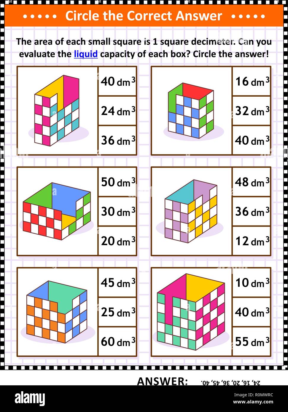 Math skills and IQ training visual puzzle or worksheet. Evaluate the liquid capacity of each box.  Circle the correct answer. Answer included. Stock Vector