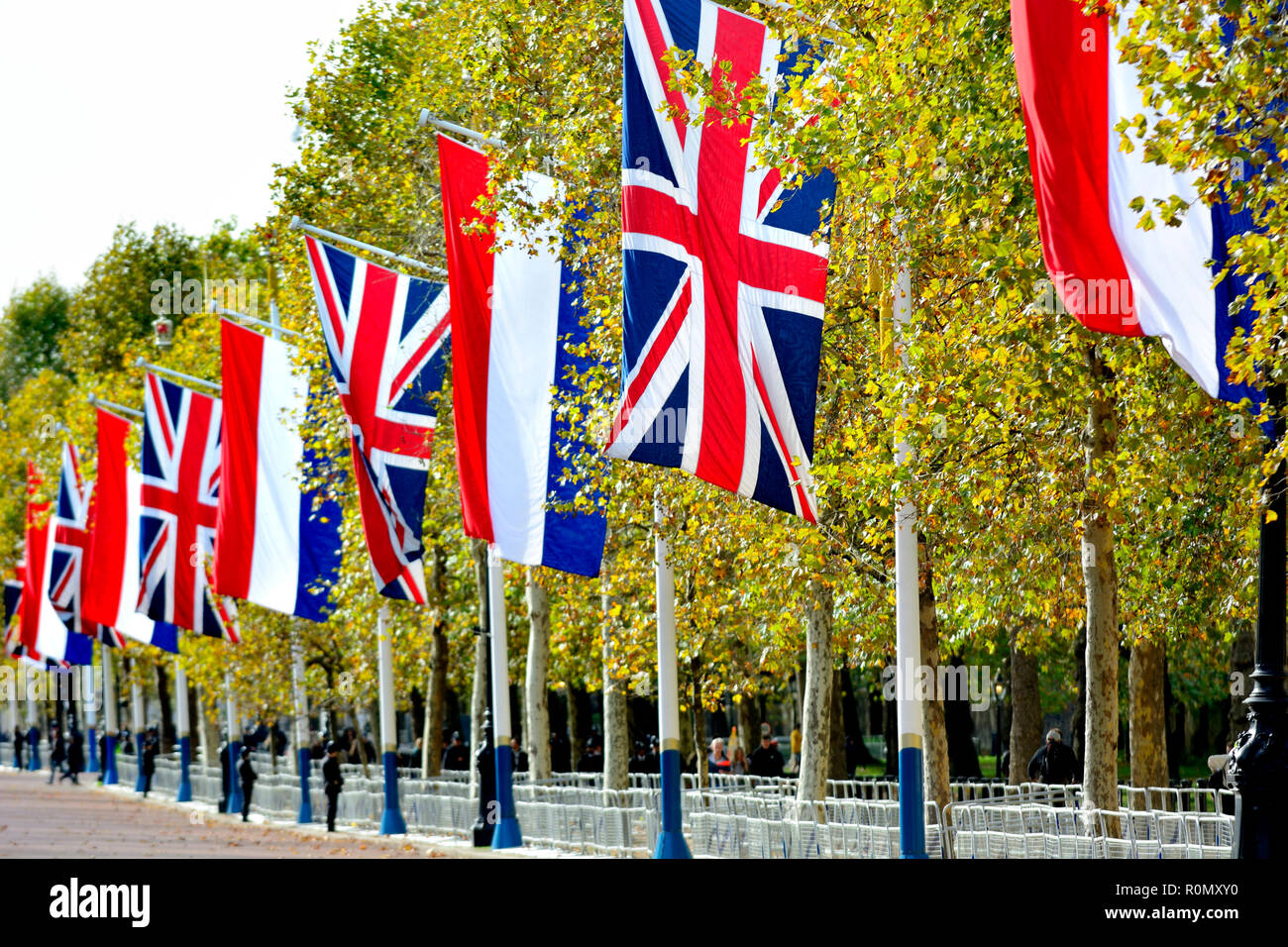 British and Dutch flags in the Mall for a royal visit, October 2018, London, England, UK. Stock Photo