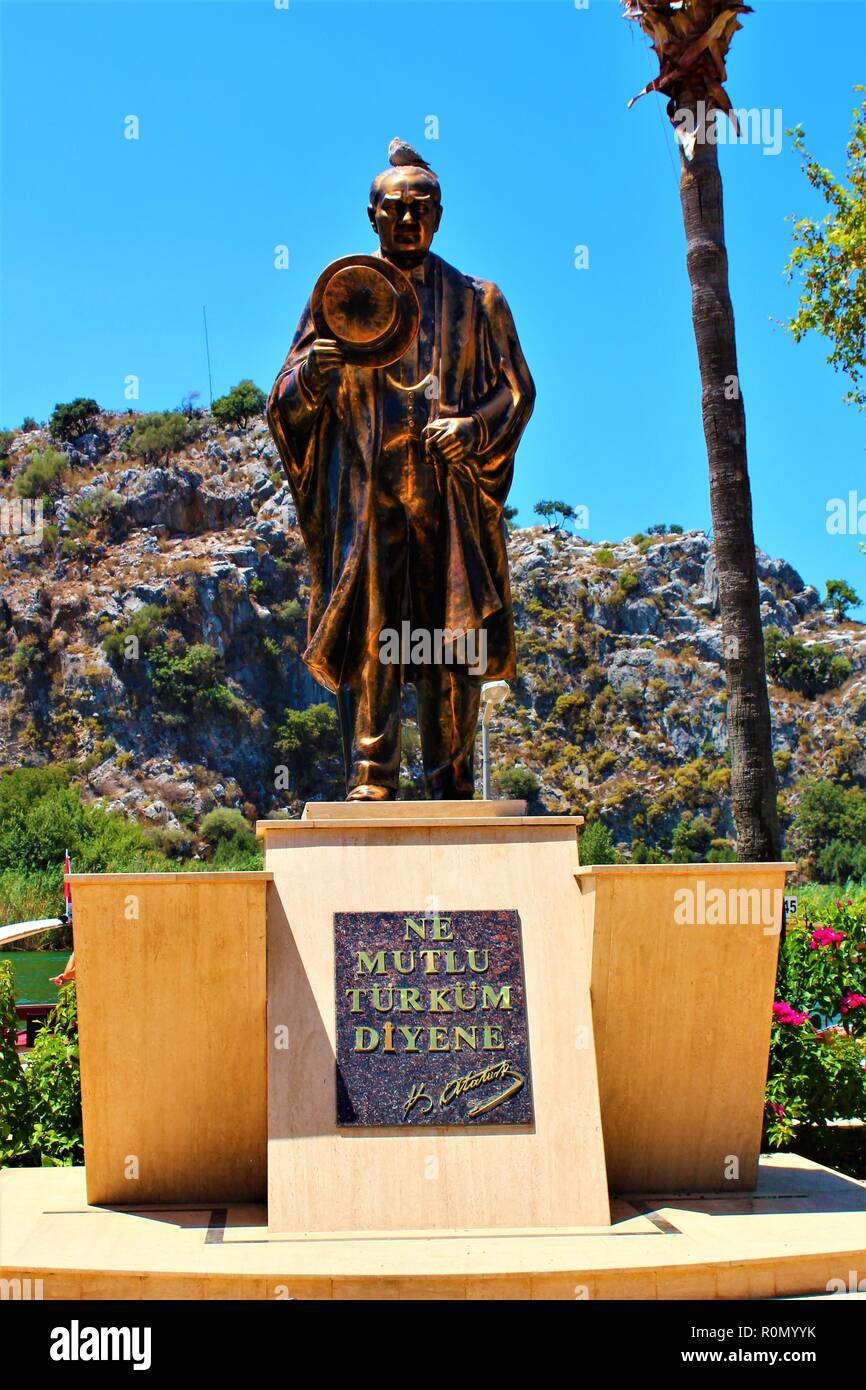 Dalyan, Turkey - July 7th 2018: Statue in Dalyan town of Mustafa Kemal Ataturk, the first President  and founder of the Republic of Turkey. Stock Photo