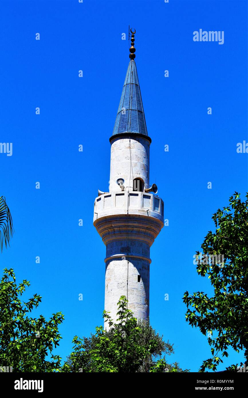 Close up of the Minaret part of the Mosque in the centre of Dalyan town, Turkey. Stock Photo