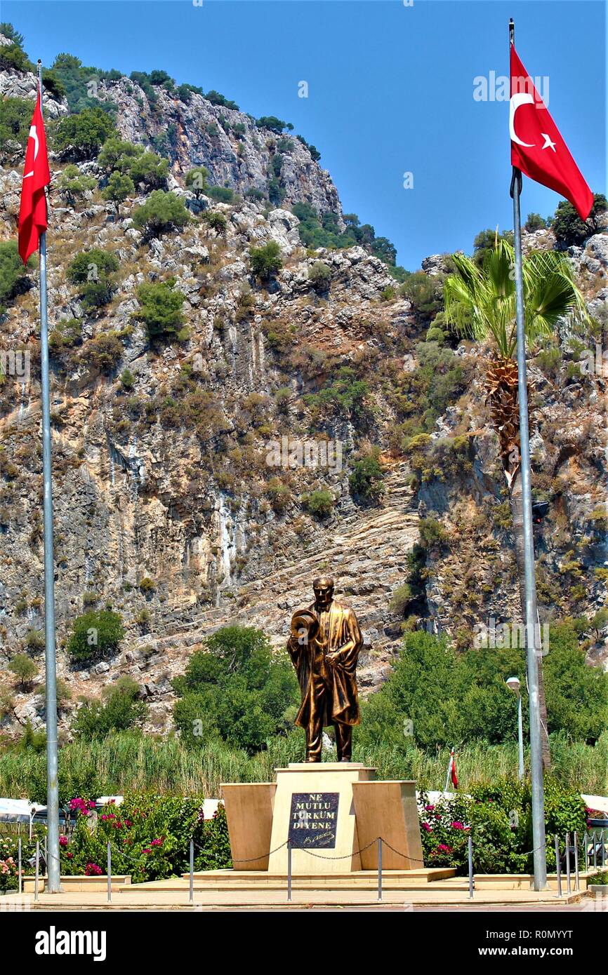 Dalyan, Turkey - July 12th 2018: Statue in Dalyan town of Mustafa Kemal Ataturk, the first President  and founder of the Republic of Turkey. Stock Photo