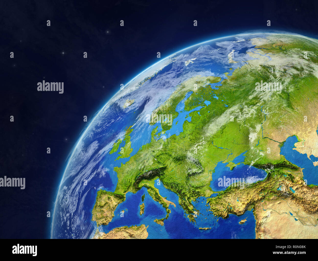 Europe on model of planet Earth with very detailed planet surface and ...