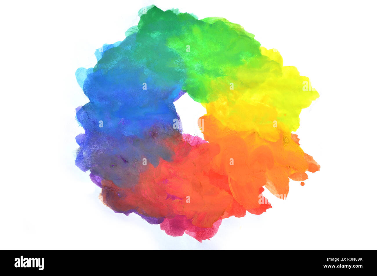 Abstract background watercolor illustration with the image of the standard color spectrum, closed in an uneven round shape . Stock Photo