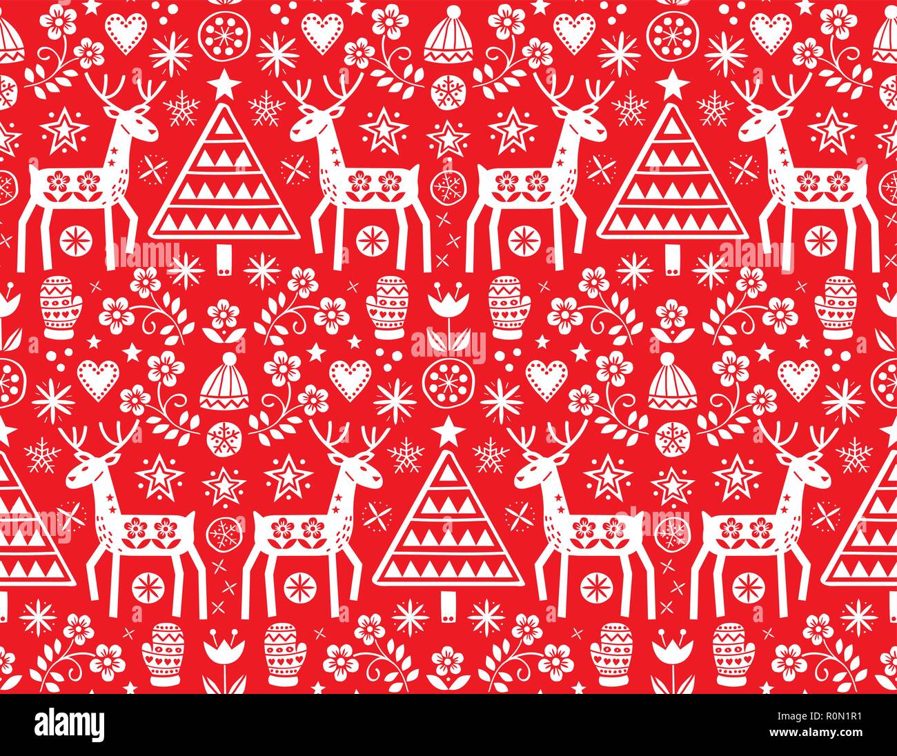 Christmas folk art vector seamless pattern with reindeer, flowers, Xmas ...