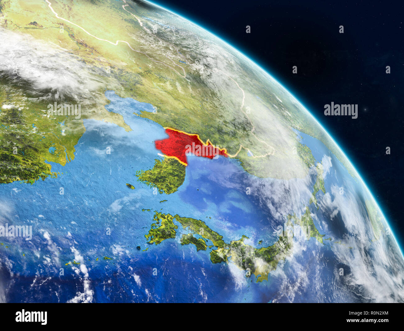 North Korea from space on realistic model of planet Earth with country ...