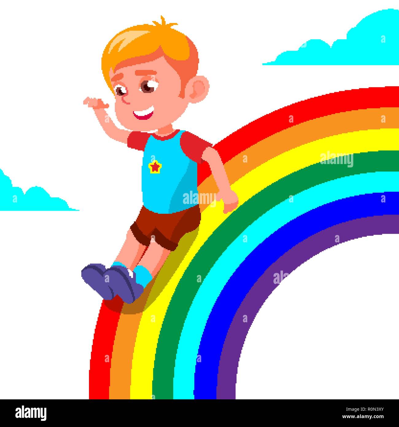 Happy Child Boy Rolling Down The Rainbow Vector. Illustration Stock