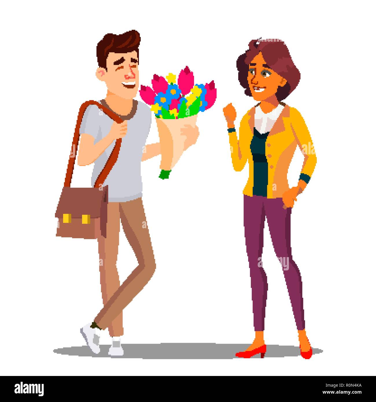 Man Giving Flowers To Woman Vector. Illustration Stock Vector Image